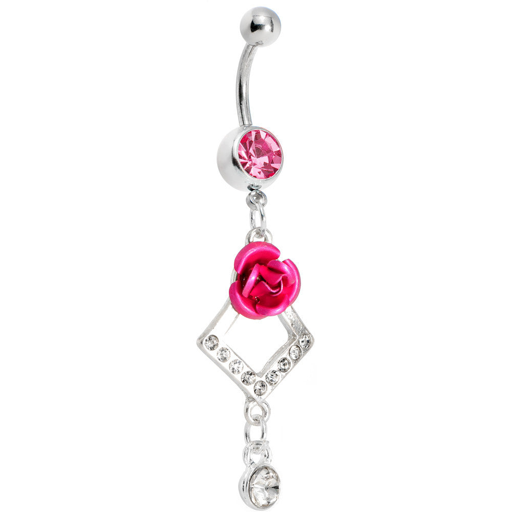 Passion Pink Gem Rose Flower Drops Belly Ring