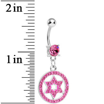 Pink Gem Paved Enclosed Star of David Dangle Belly Ring