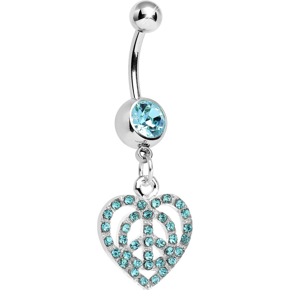 Aqua Gem Paved Peace Sign Heart Dangle Belly Ring