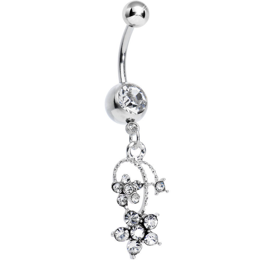 Clear Gem Tri Flower Strand Dangle Belly Ring