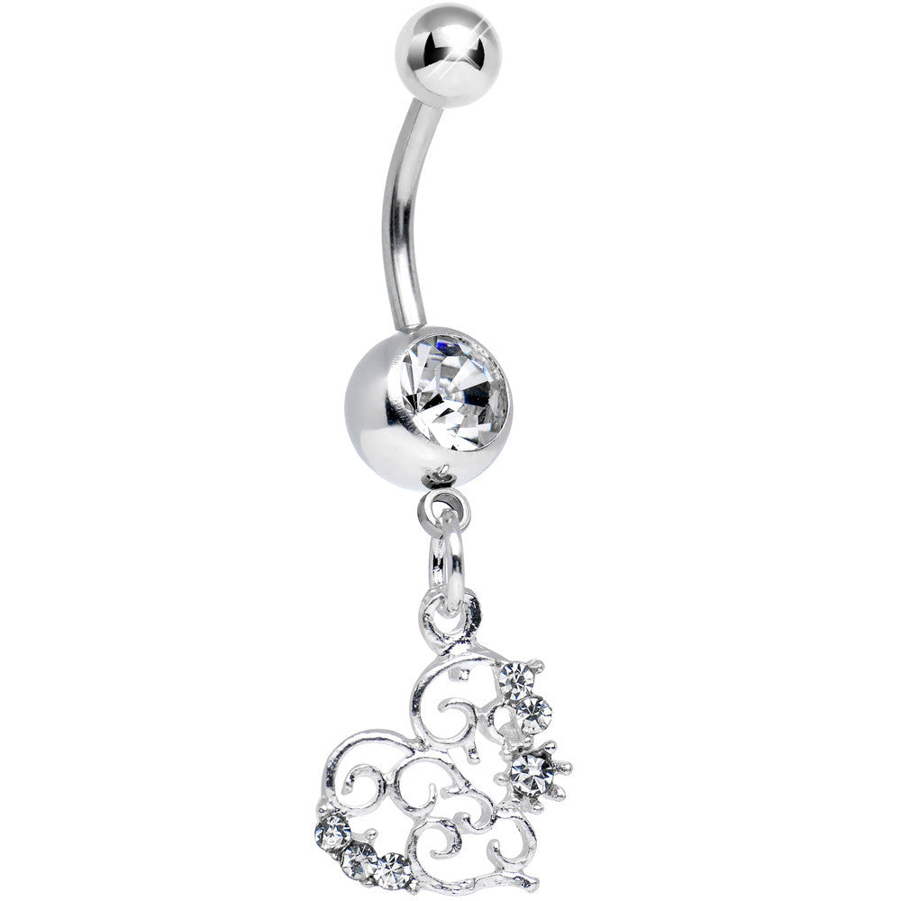 Clear Gem Precious Swirled Heart Dangle Belly Ring