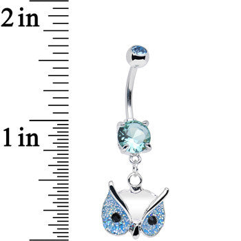 Aqua Gem Glitter Mask Owl Head Dangle Belly Ring
