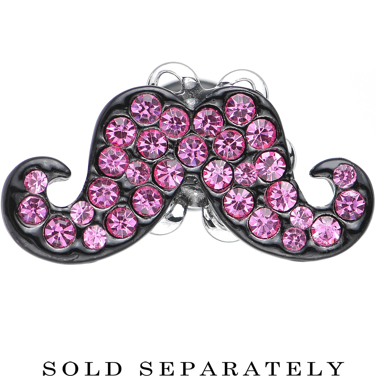 4 Gauge Pink Gem Paved Fancy Mustache Single Flare Steel Plug