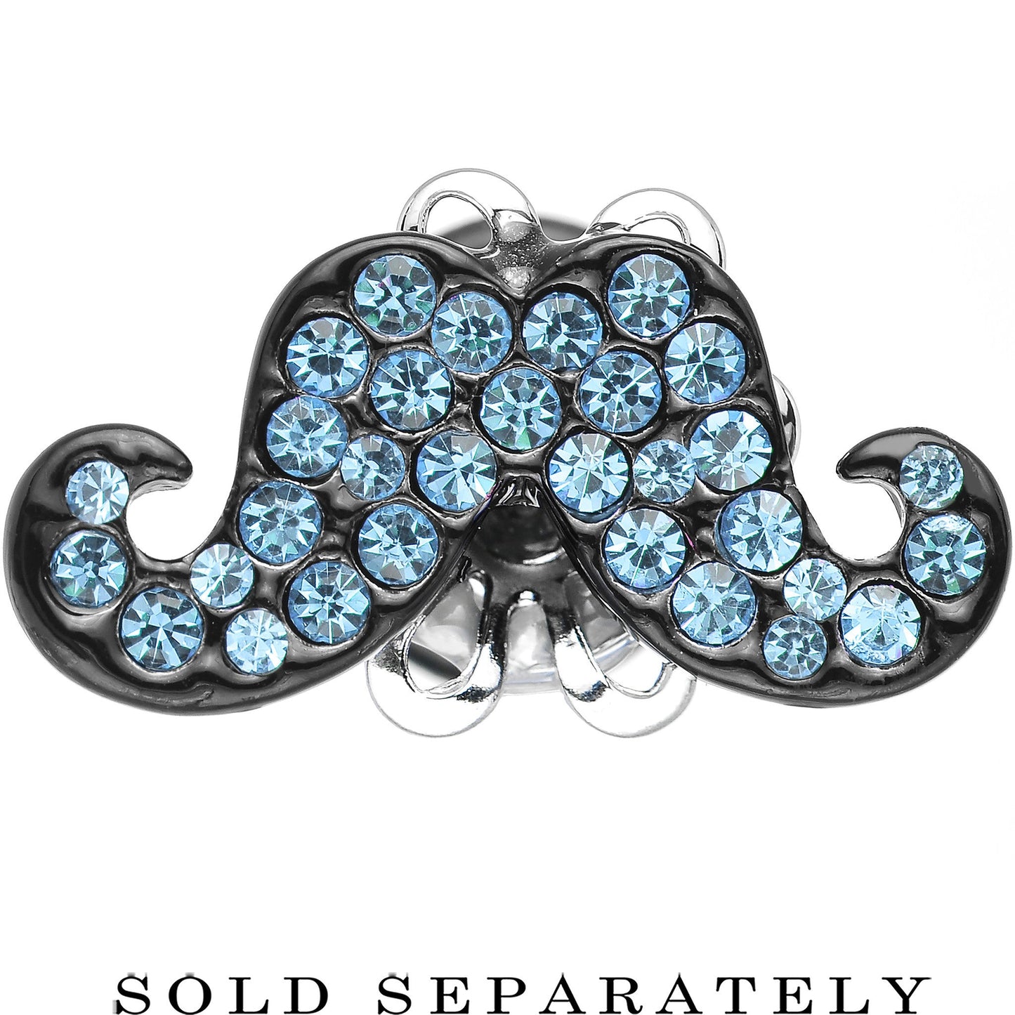2 Gauge Aqua Gem Paved Fancy Mustache Single Flare Steel Plug