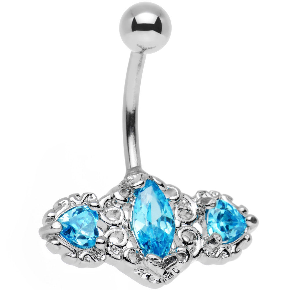 Aqua Triple Gem Deco Frame Bottom Mount Belly Ring