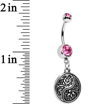 Pink Gem Floral Fantasy Yin Yang Disc Dangle Belly Ring