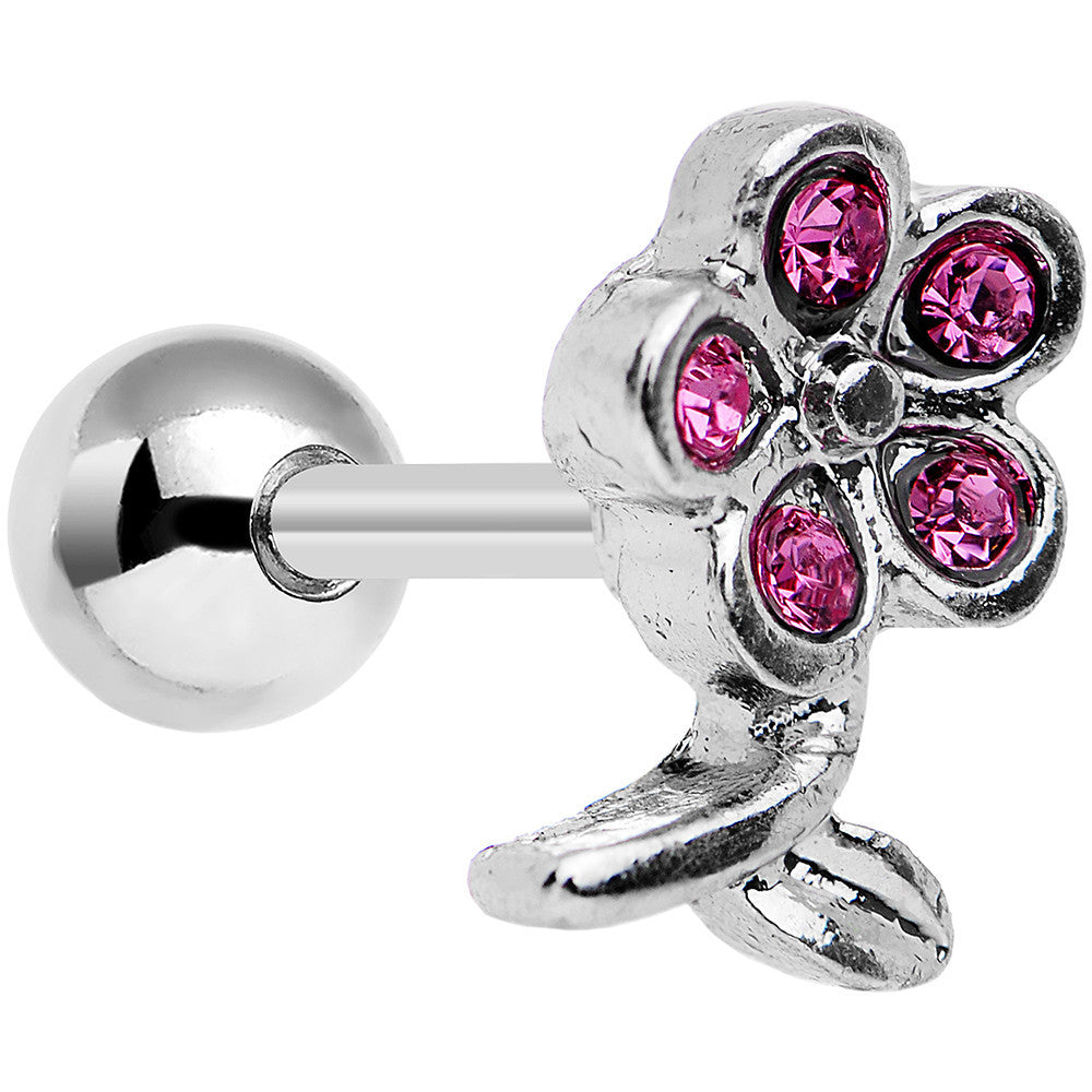 16 Gauge 1/4 Pink Gem Petal Flower Left Ear Cartilage Earring