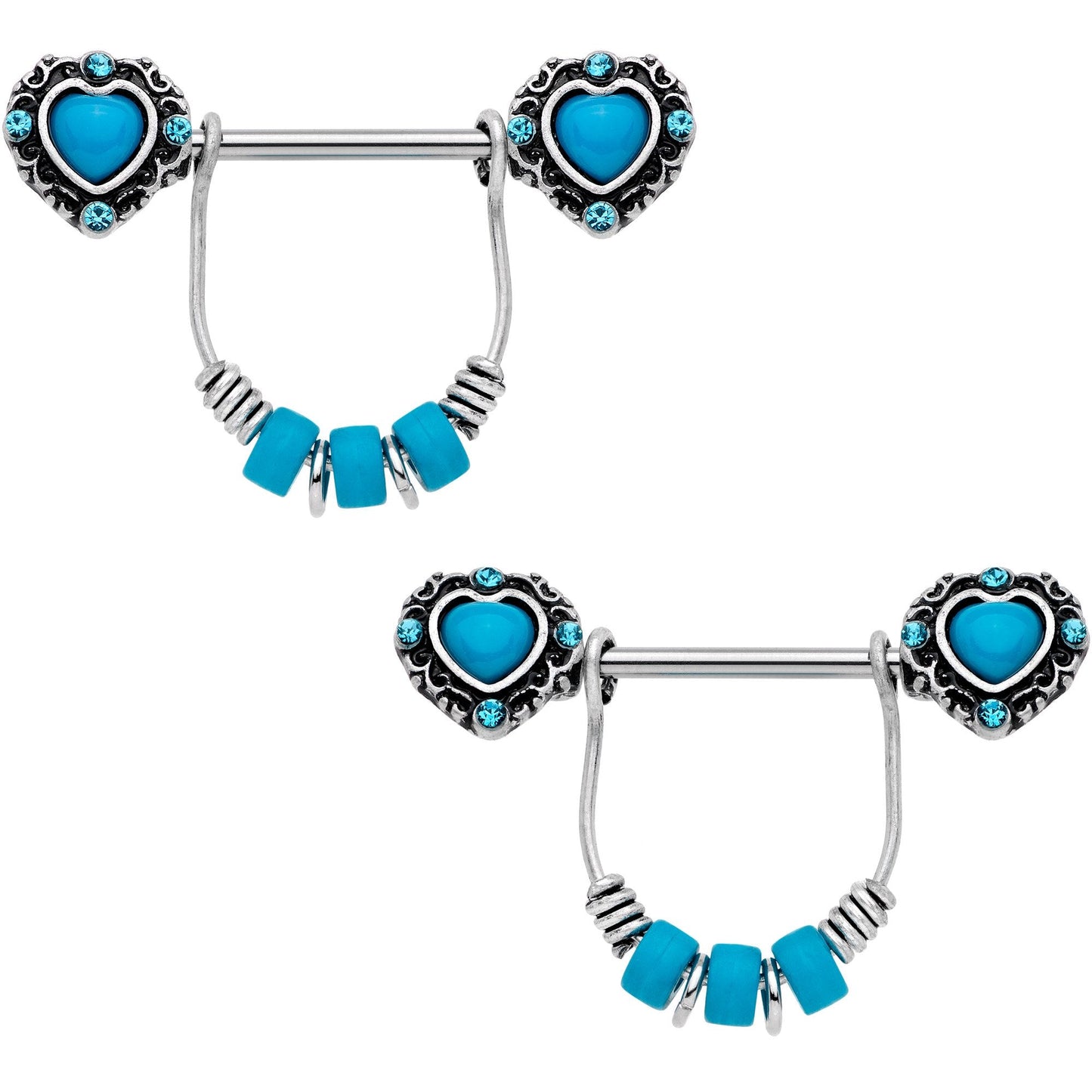 14 Gauge 9/16 Southwestern Blue Heart Dangle Barbell Nipple Ring Set