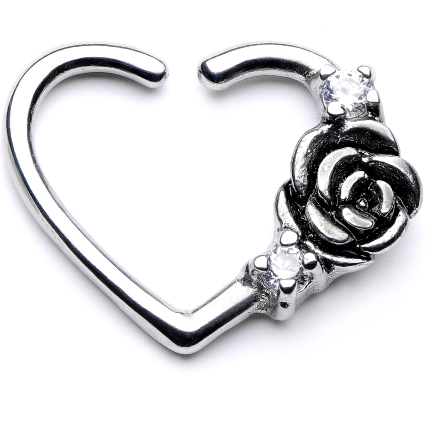 16 Gauge 3/8 Clear CZ Gem Rose Flower Left Heart Closure Ring