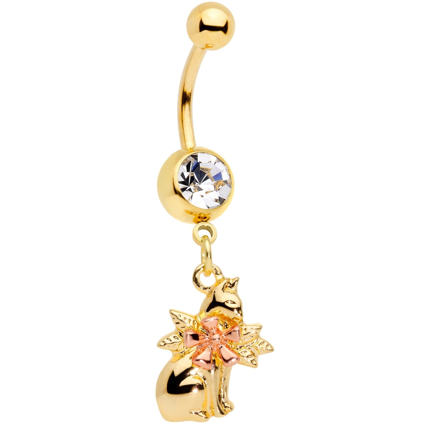 Clear Gem Gold Tone Kitty Cat With A Corsage Dangle Belly Ring