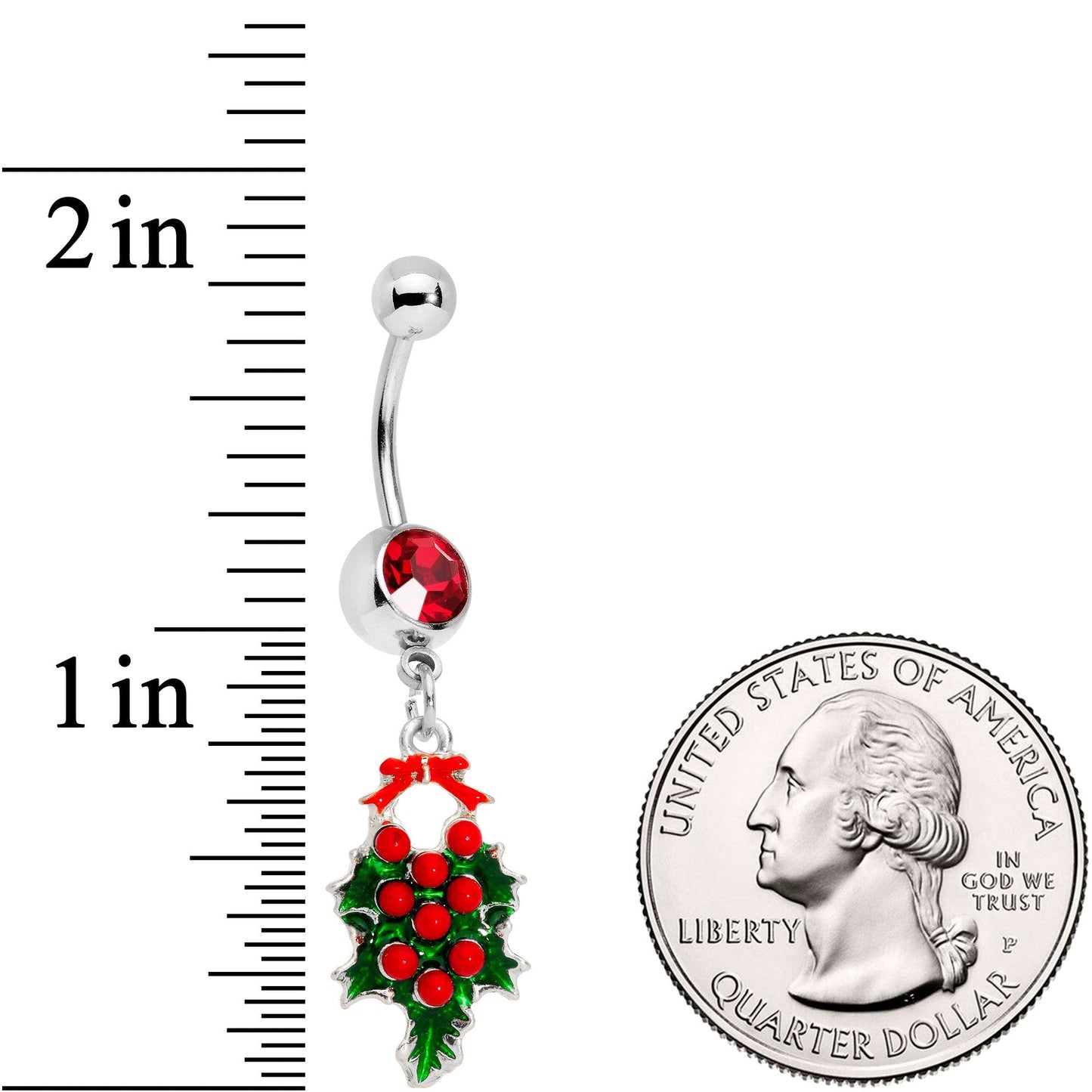 Red Gem Holiday Bow and Berries Holly Day Dangle Belly Ring
