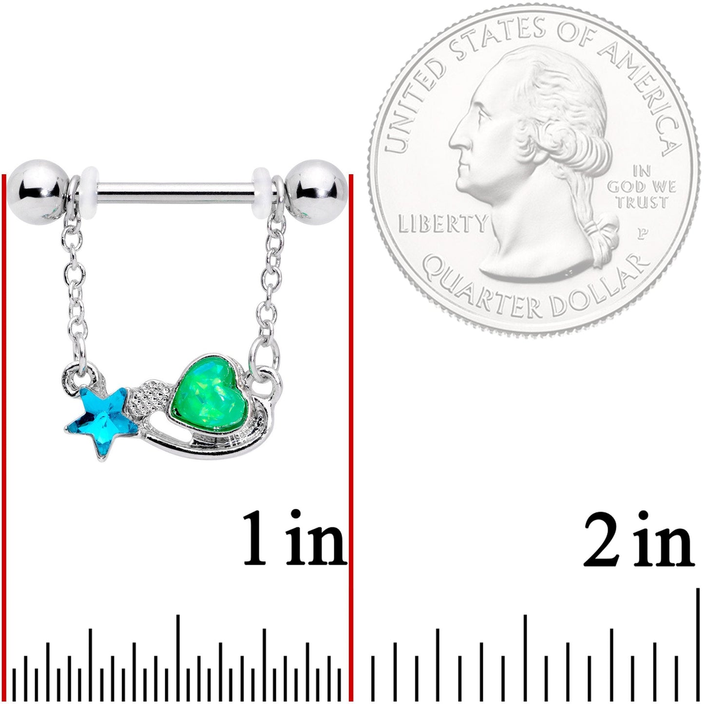 5/8 Blue Green Gem Star and Heart Dangle Barbell Nipple Ring Set