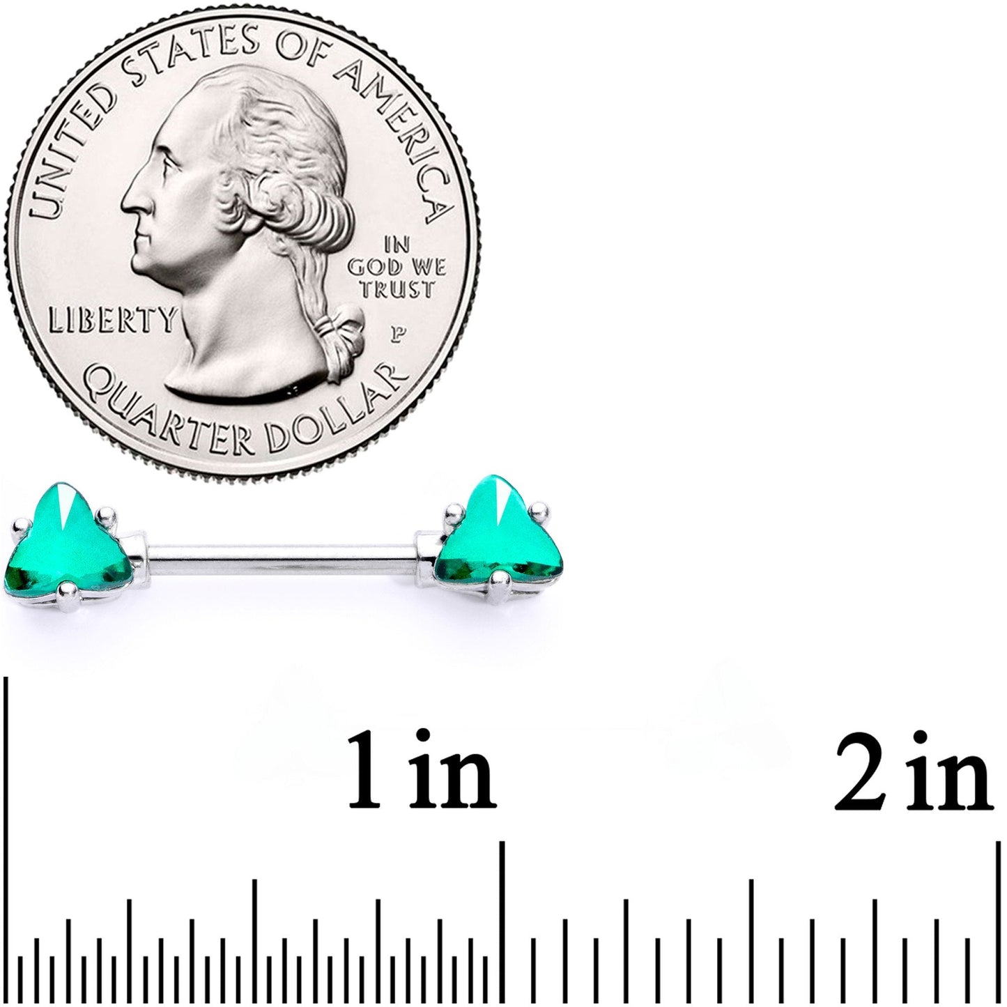 14 Gauge 9/16 Green Gem Geometric Triangles Barbell Nipple Ring Set