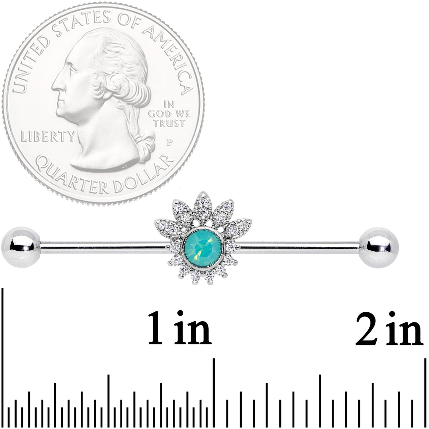 14 Gauge Clear CZ Gem Green Faux Opal Diadem Industrial Barbell 38mm