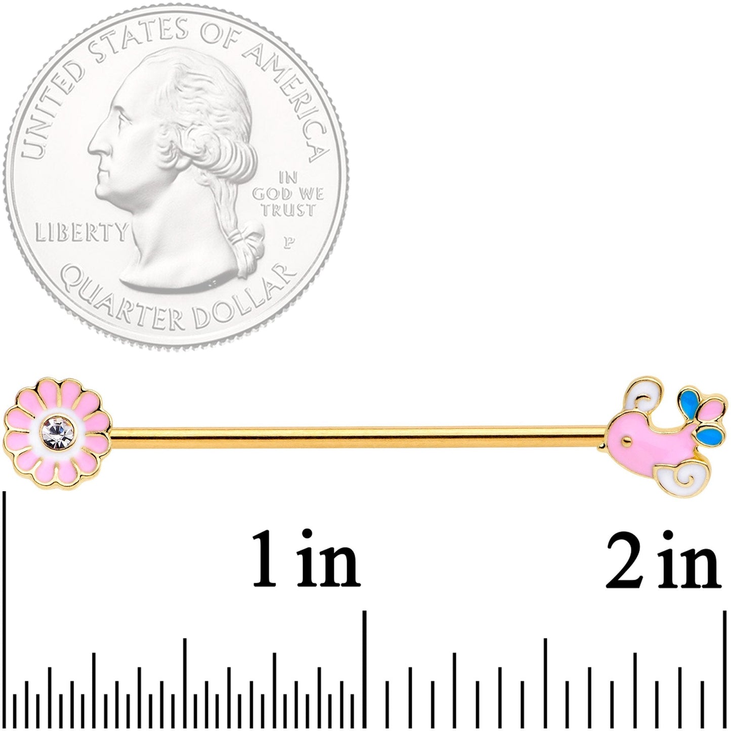 14 Gauge Clear Gem Gold Tone Pink Bird Flower Industrial Barbell 38mm