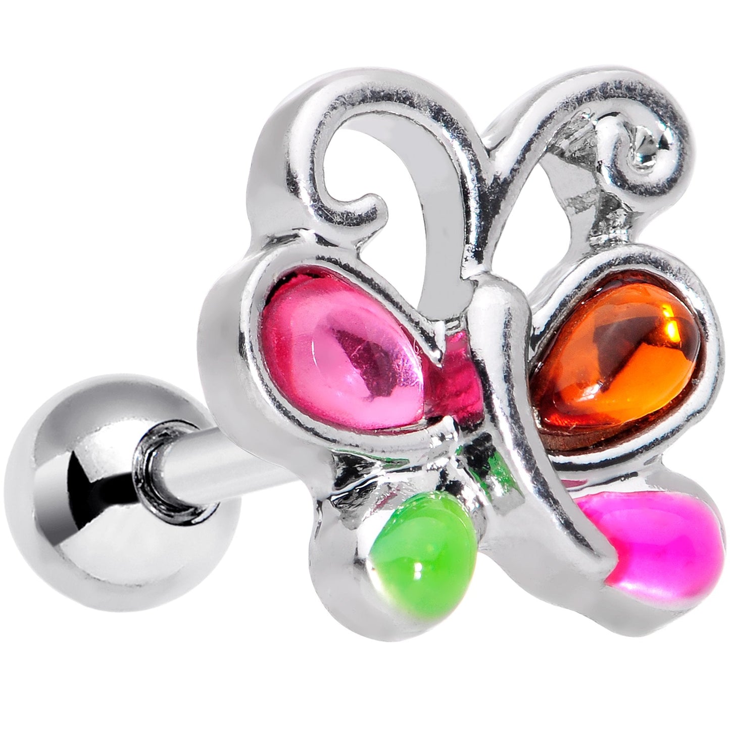 16 Gauge 1/4 Pink Orange Gem Butterfly Cartilage Tragus Earring
