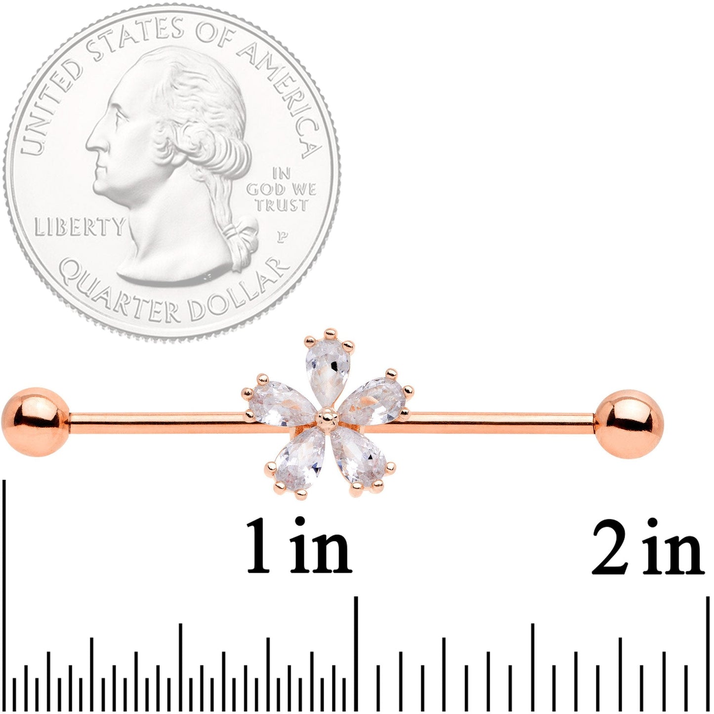 14 Gauge Clear CZ Gem Rose Gold Tone Petal Industrial Barbell 38mm