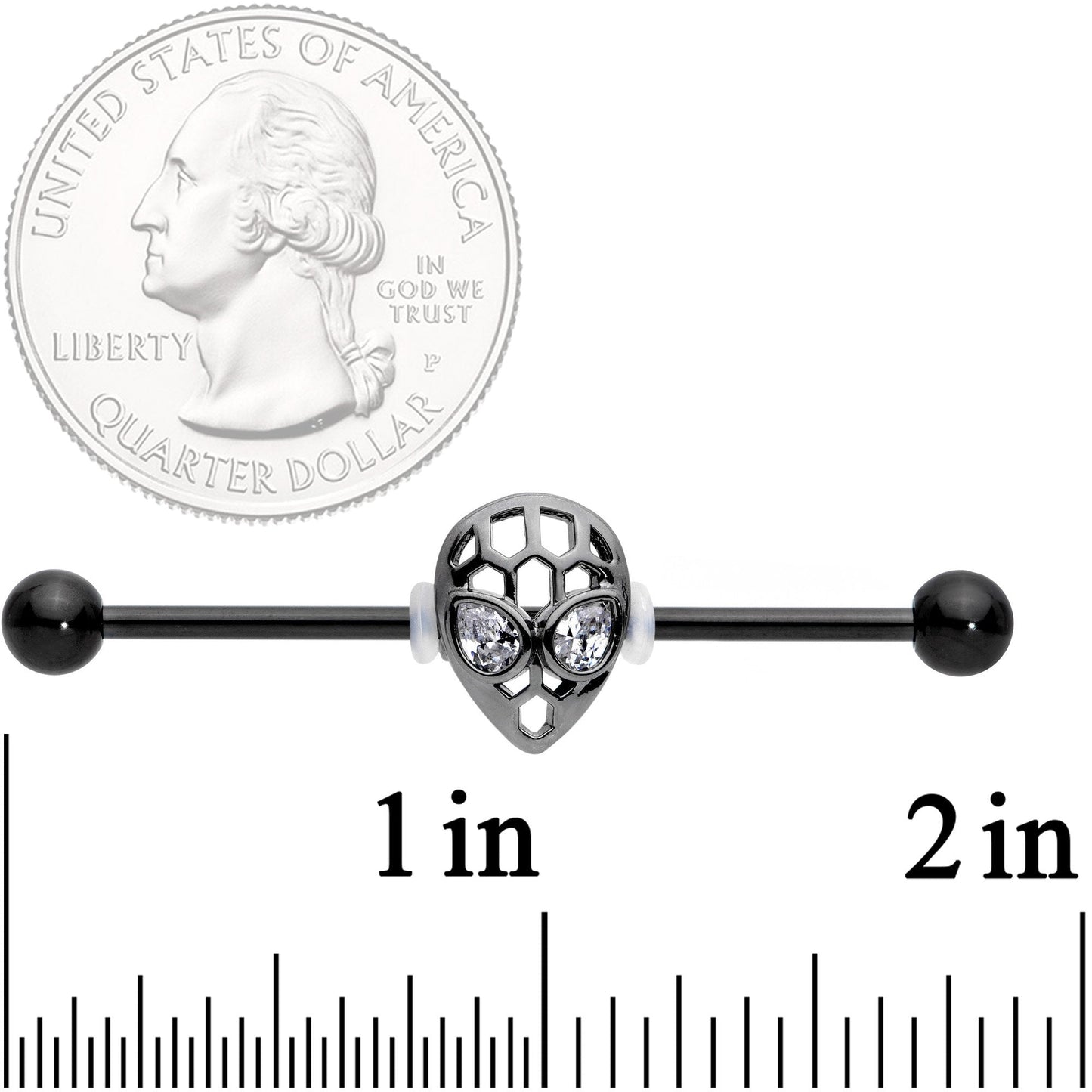 14 Gauge Clear CZ Gem Black Openwork Alien Industrial Barbell 38mm