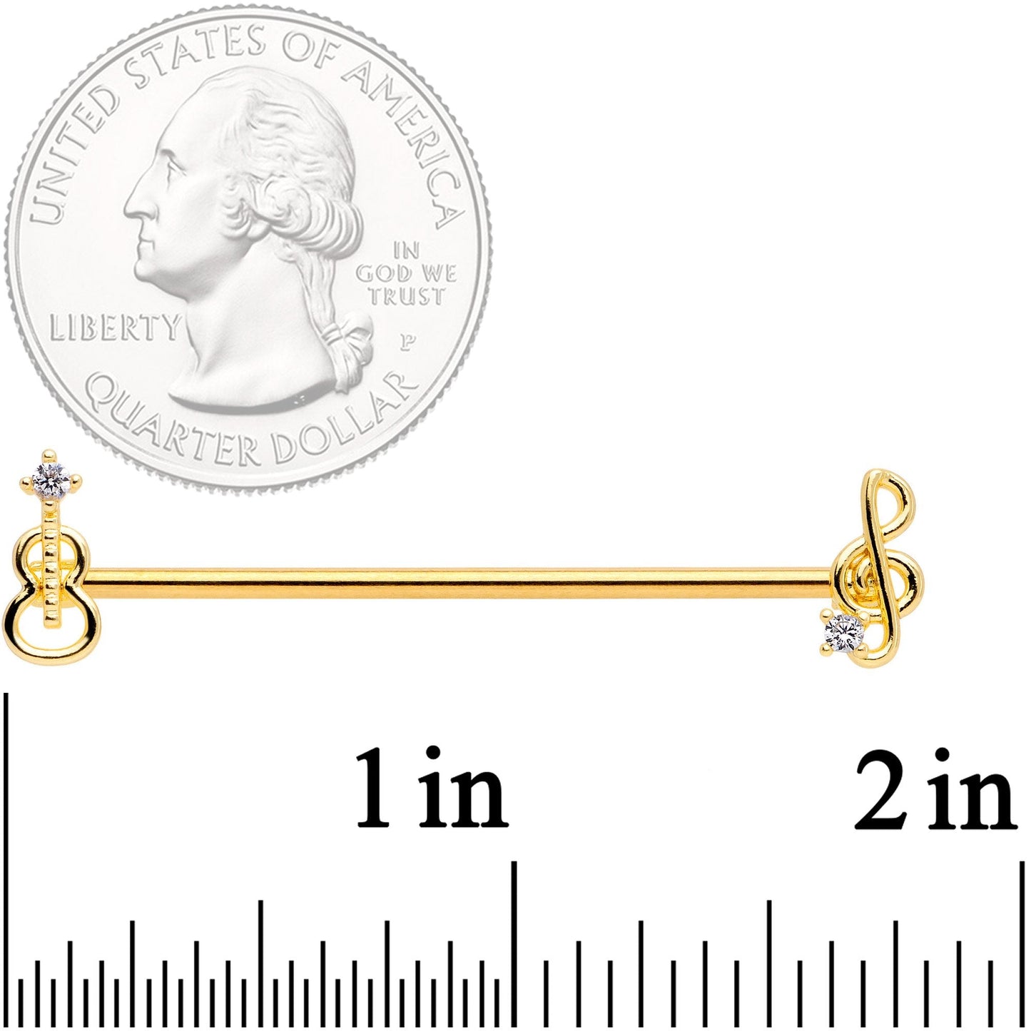 14 Gauge Clear CZ Gem Gold Tone Guitar Music Industrial Barbell 38mm