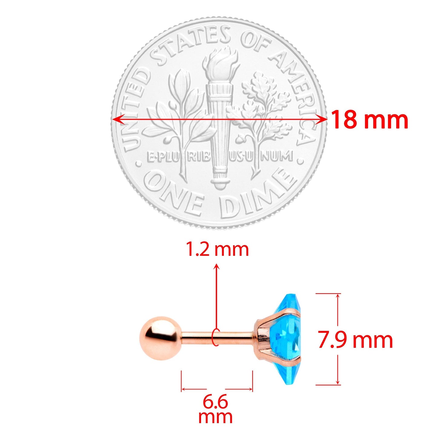 16 Gauge 1/4 Color CZ Gem Rose Gold Tone Cartilage Tragus Set of 3
