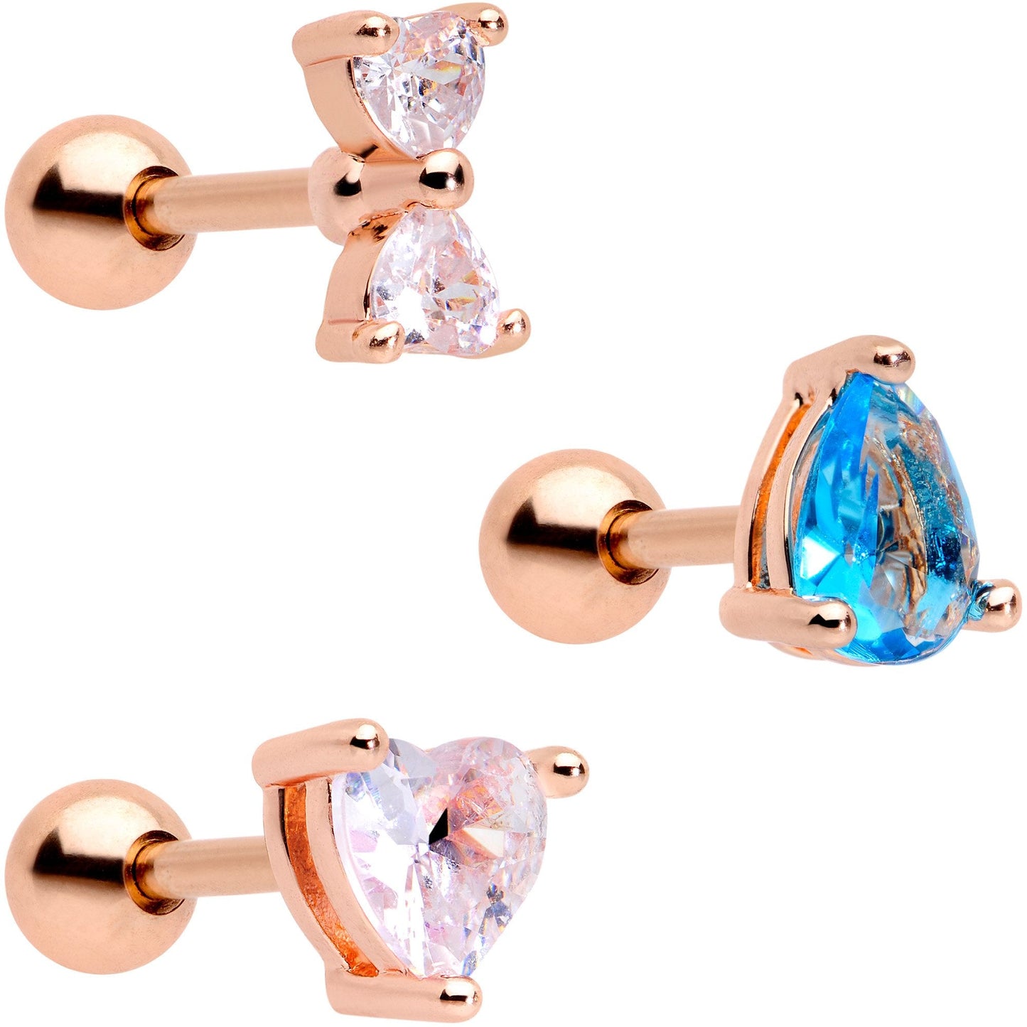 16 Gauge 1/4 Blue Clear CZ Rose Gold Tone Triangle Tragus Set of 3