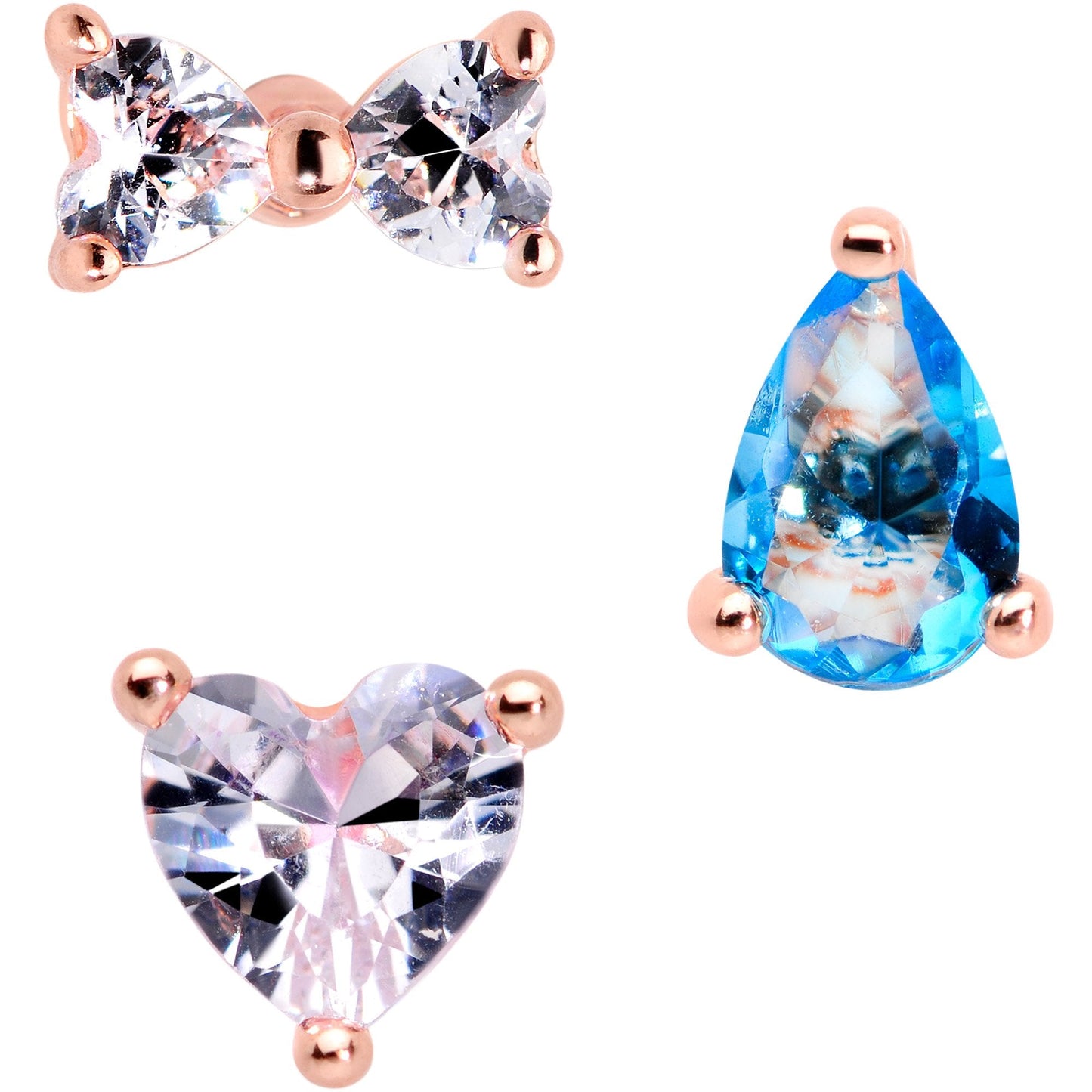 16 Gauge 1/4 Blue Clear CZ Rose Gold Tone Triangle Tragus Set of 3