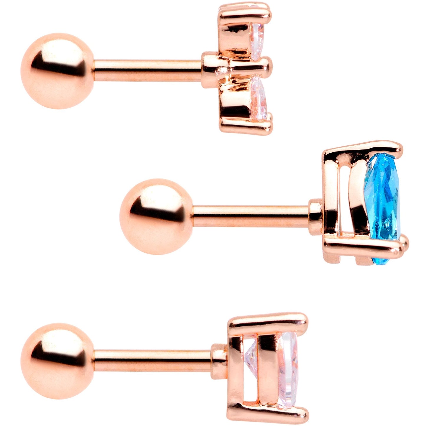 16 Gauge 1/4 Blue Clear CZ Rose Gold Tone Triangle Tragus Set of 3