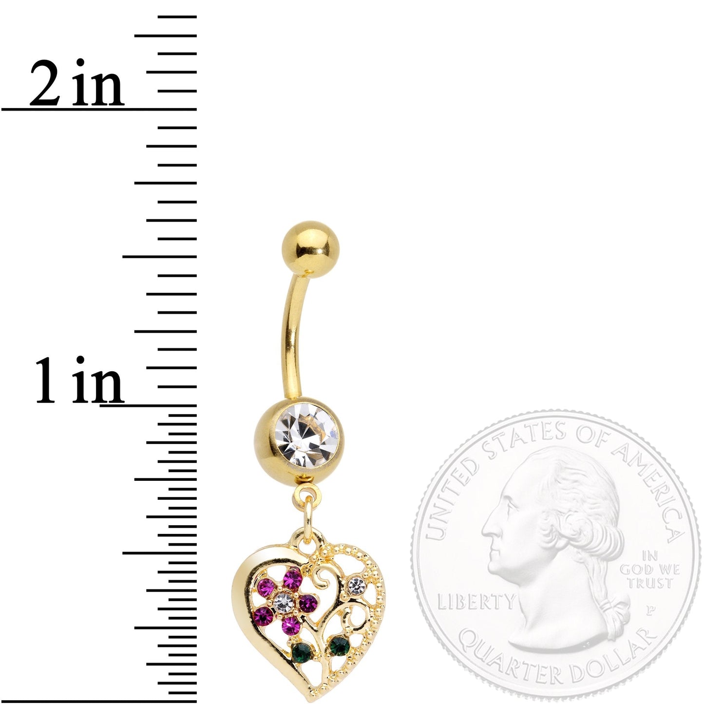 Clear Purple Gem Gold Tone Heart Spring Flower Dangle Belly Ring