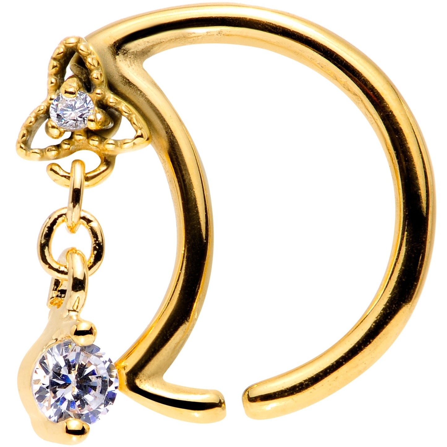 16 Gauge 3/8 Clear CZ Gem Gold Tone Crescent Moon Dangle Closure Ring