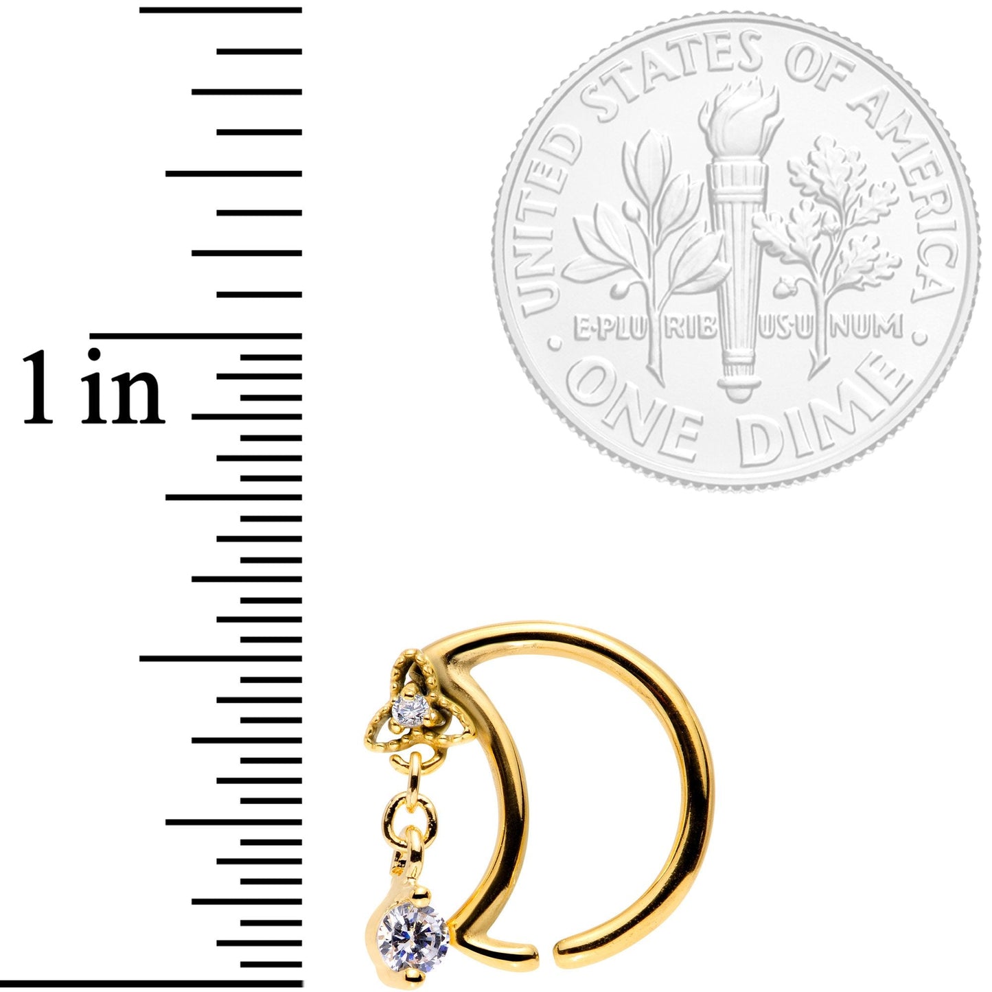 16 Gauge 3/8 Clear CZ Gem Gold Tone Crescent Moon Dangle Closure Ring