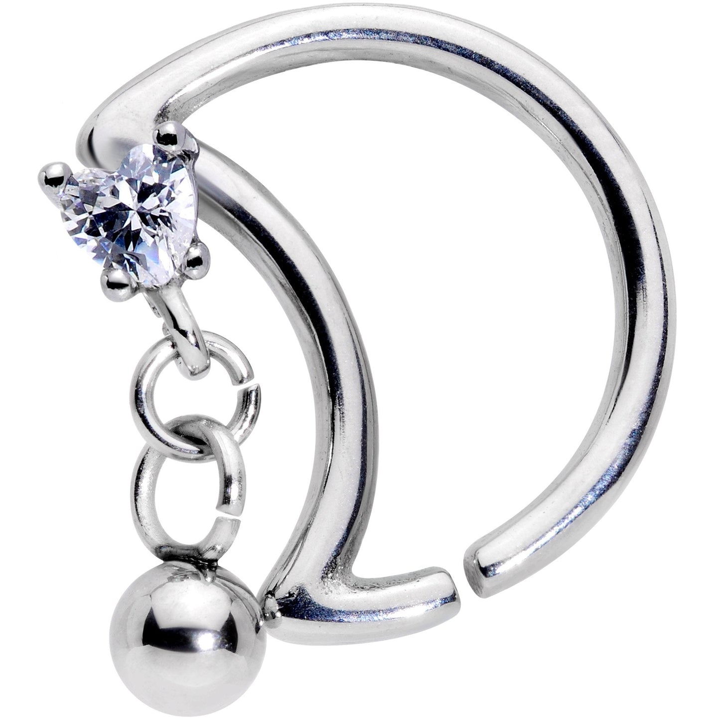 16 Gauge 3/8 Clear CZ Gem Crescent Moon Heart Dangle Closure Ring