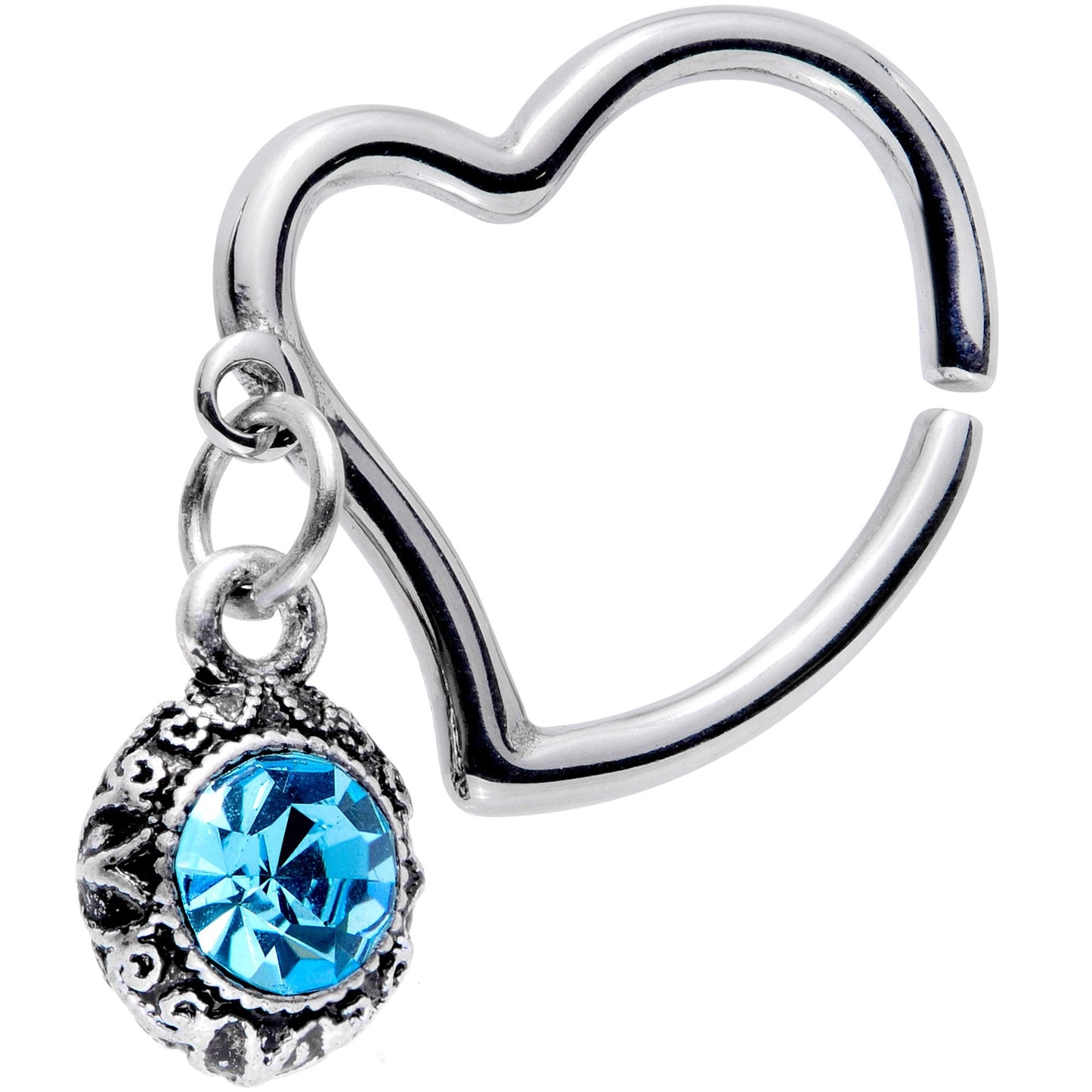 16 Gauge 3/8 Aqua Gem Heart Dangle Right Closure Ring