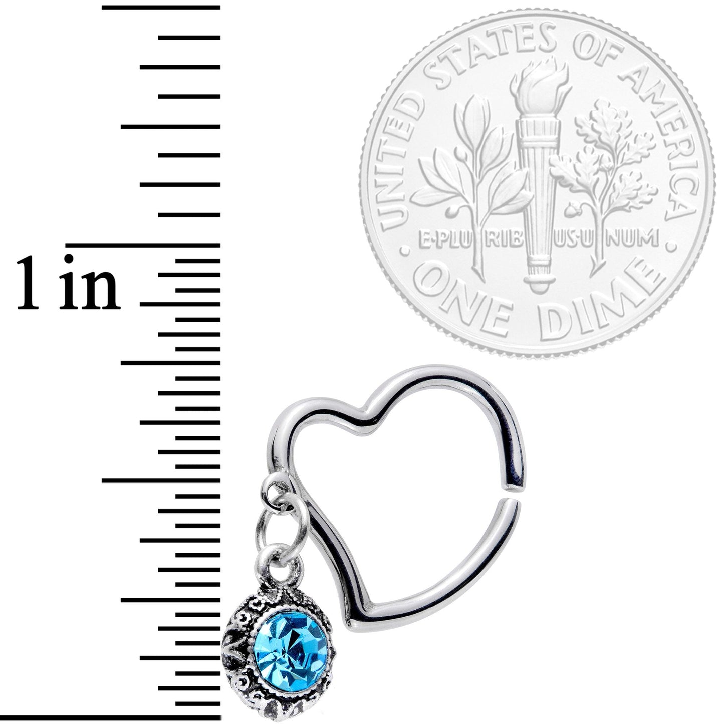 16 Gauge 3/8 Aqua Gem Heart Dangle Right Closure Ring