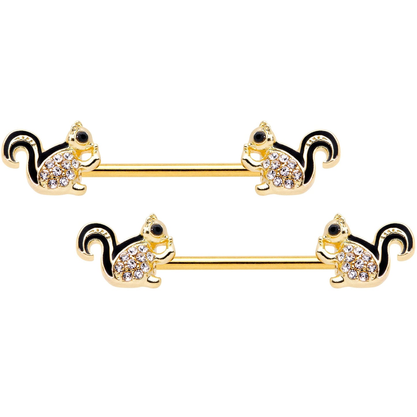 14 Gauge Clear Gem Gold Tone Squirrel BCR Barbell Nipple Ring Set of 4