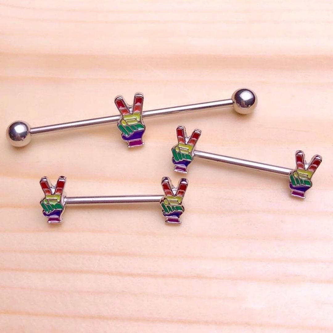 14 Gauge Pride Rainbow Peace Sign Barbell Nipple Ring Set