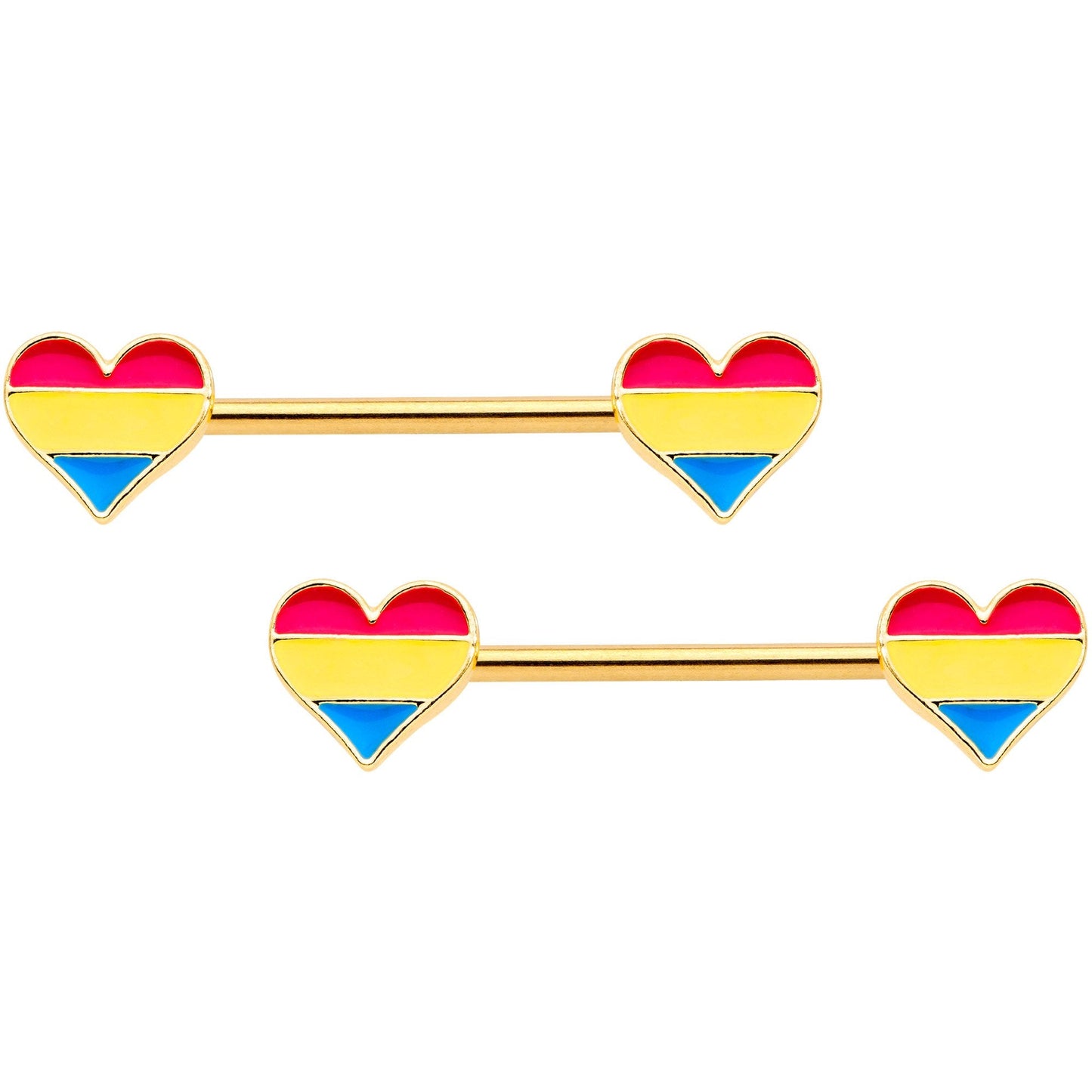 14 Gauge Pansexual Pride Gold Tone Heart Barbell Nipple Ring Set