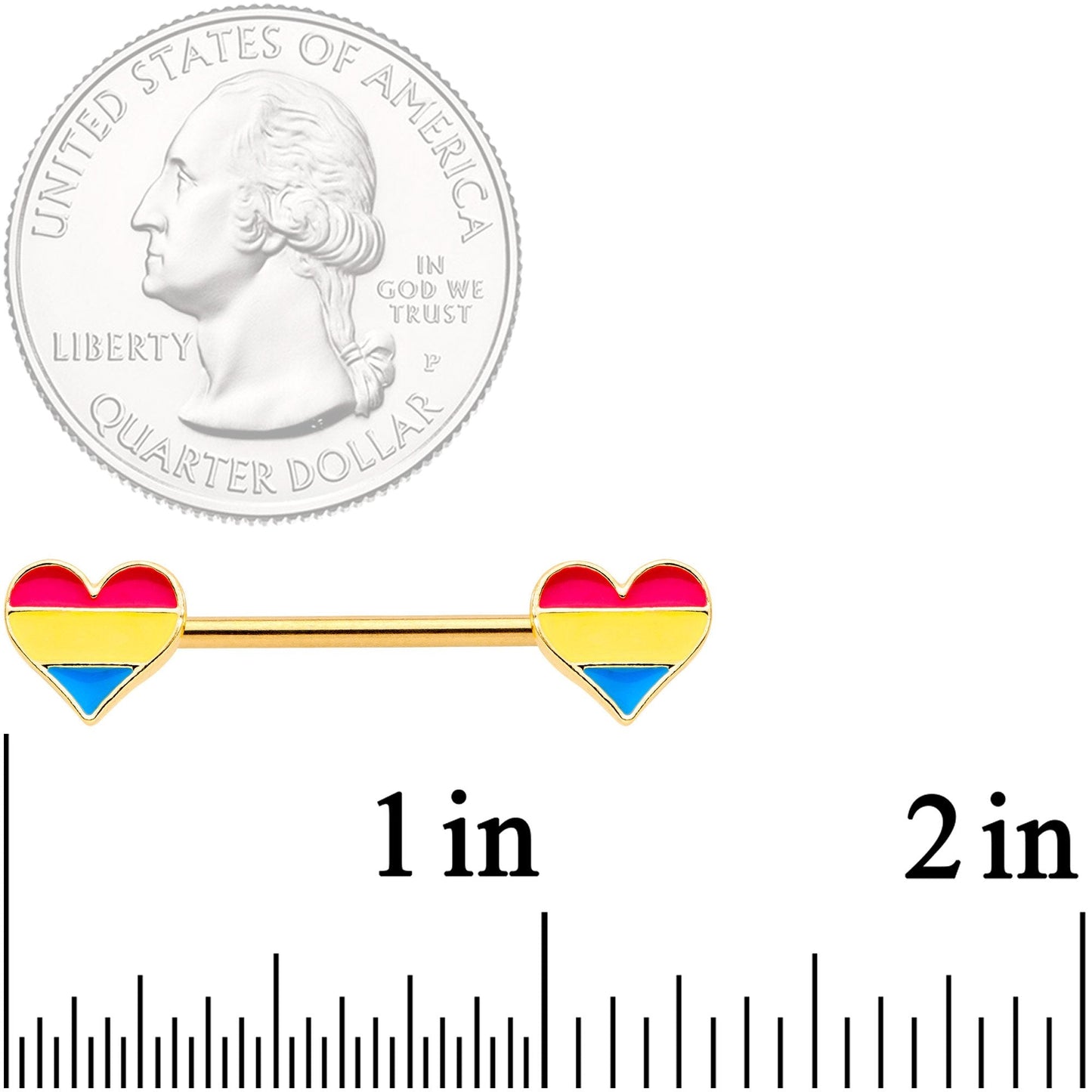 14 Gauge Pansexual Pride Gold Tone Heart Barbell Nipple Ring Set