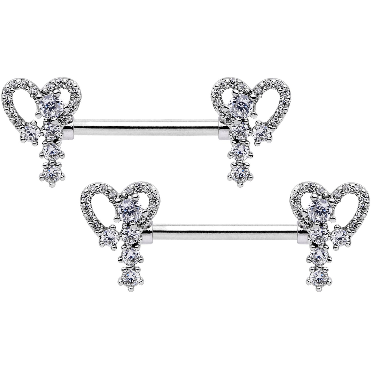 14 Gauge 9/16 Clear Gem Valentine Heart Barbell Nipple Ring Set