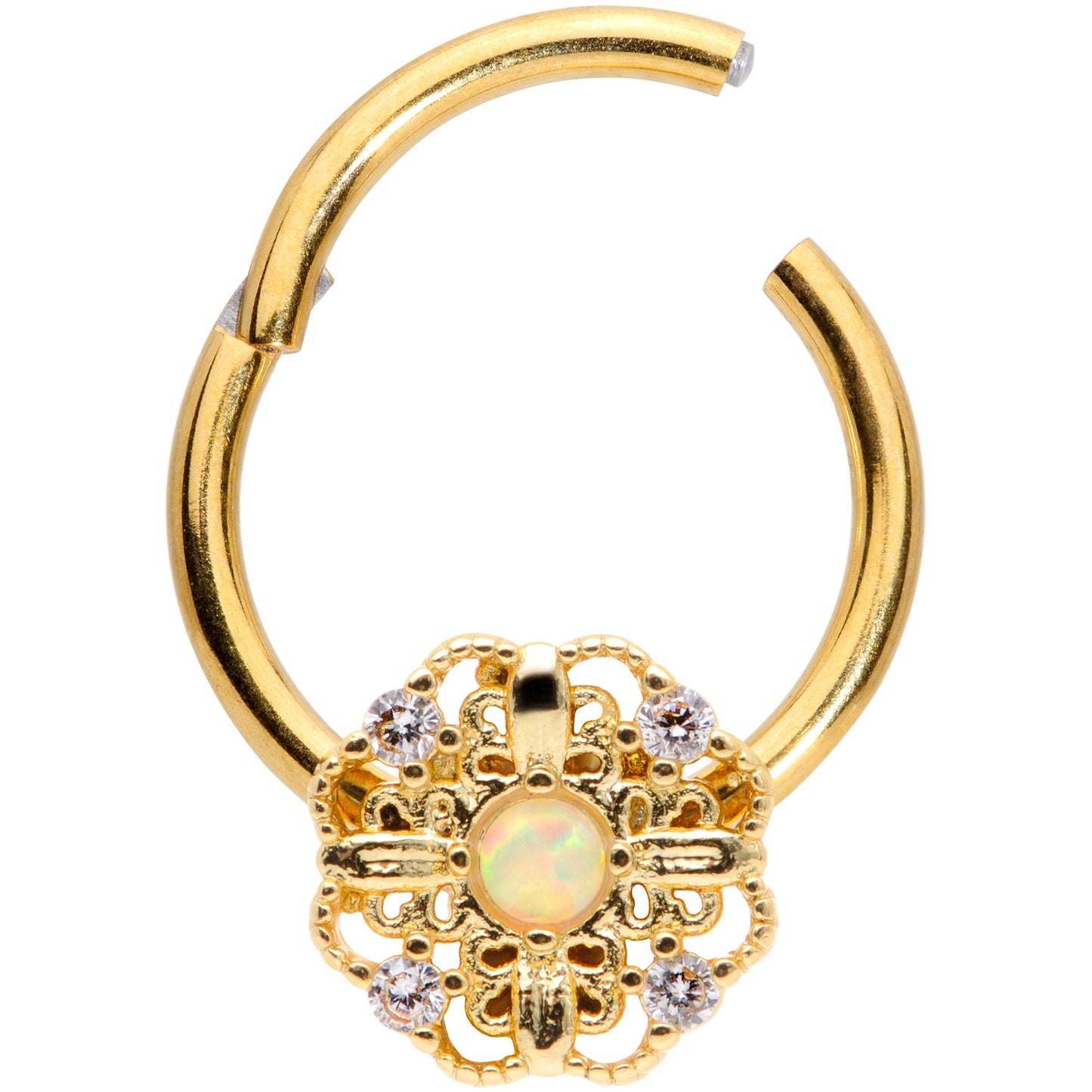 16 Gauge 3/8 White Synthetic Opal Gold Tone Flower Hinged Segment Ring