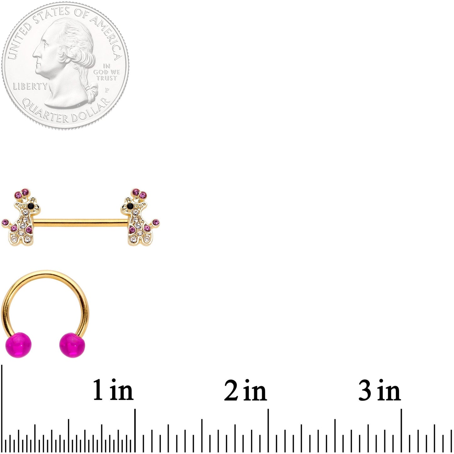 14 Gauge Clear Pink Gem Giraffe Gold Tone UV Horseshoe Nipple Ring Set