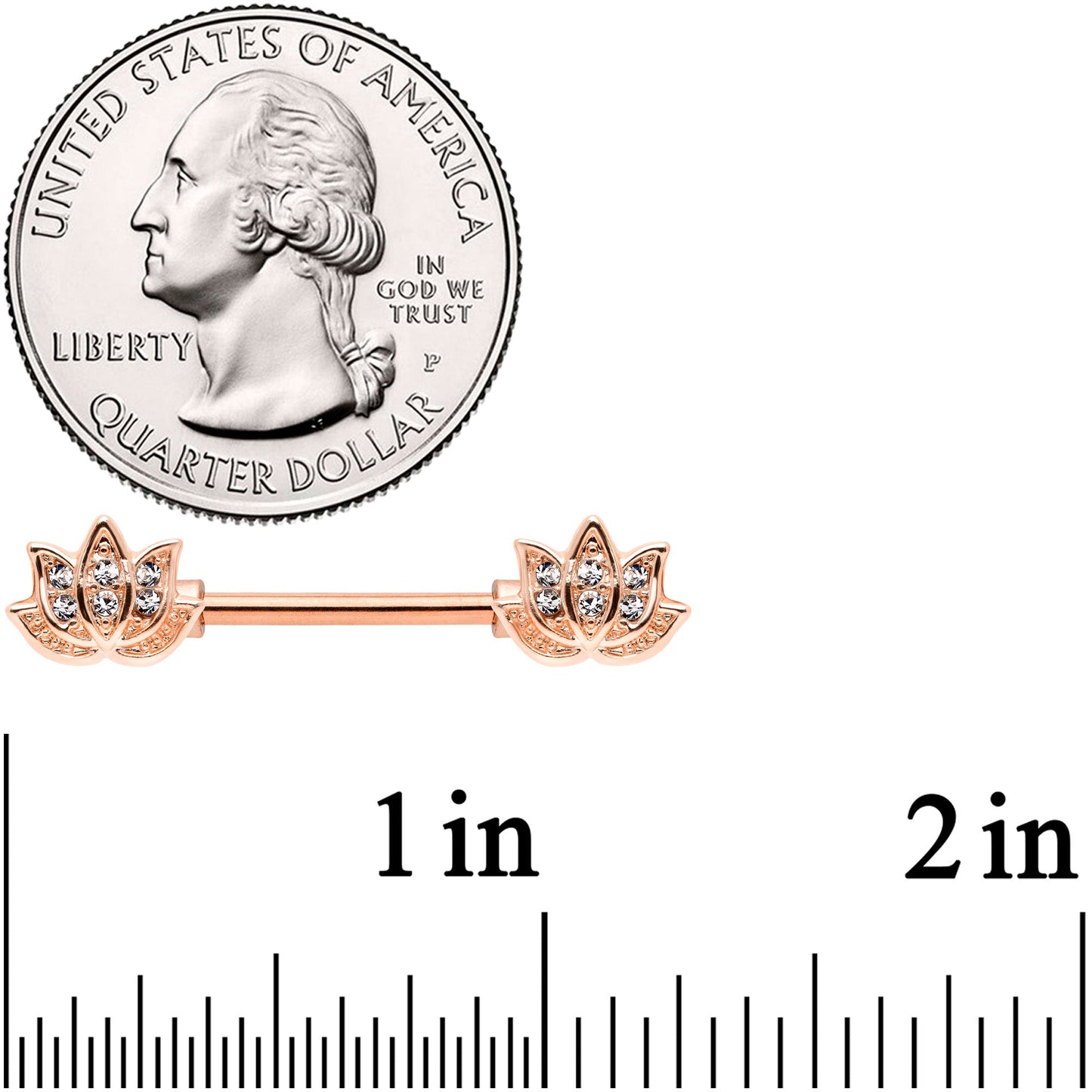 14 Gauge 9/16 Clear Gem Rose Gold Tone Lotus Flower Barbell Nipple Ring Set