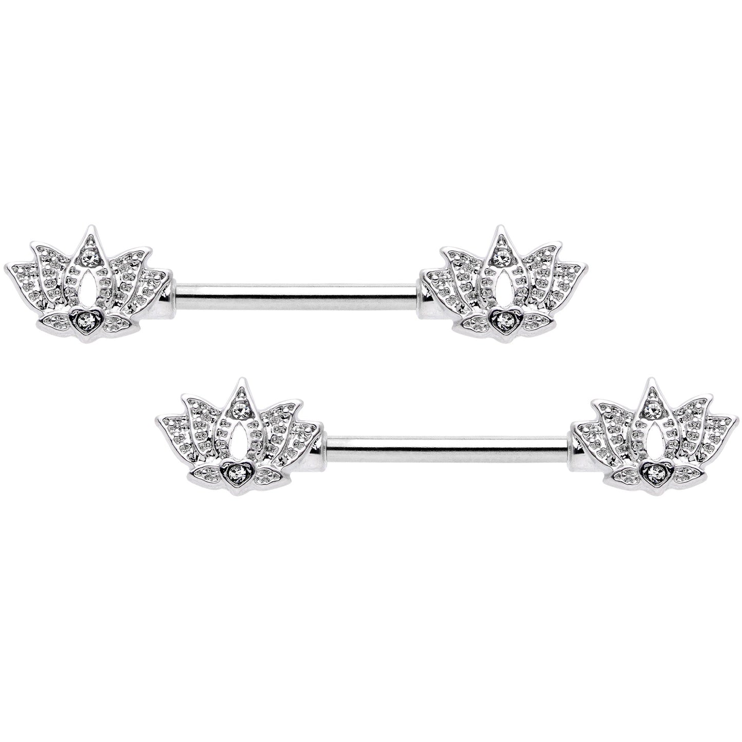 14 Gauge 9/16 Clear Gem Lotus Flower Barbell Nipple Ring Set
