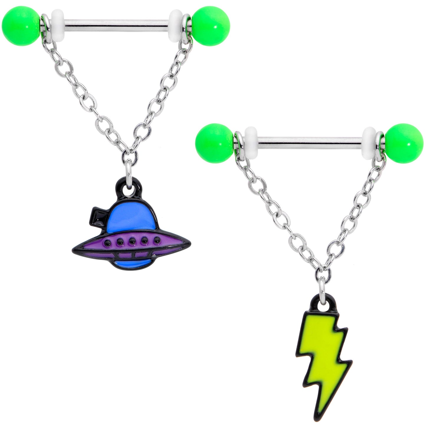14 Gauge 9/16 Green Lightning UFO Dangle Barbell Nipple Ring Set