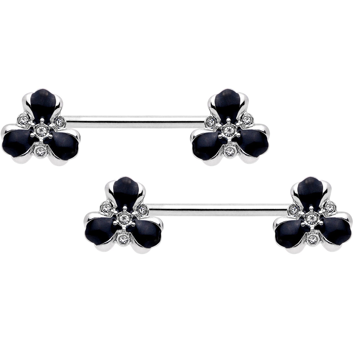 14 Gauge 9/16 Clear Black Gem Abstract Flower Barbell Nipple Ring Set