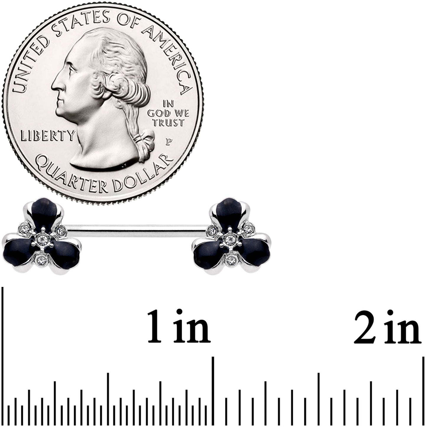 14 Gauge 9/16 Clear Black Gem Abstract Flower Barbell Nipple Ring Set