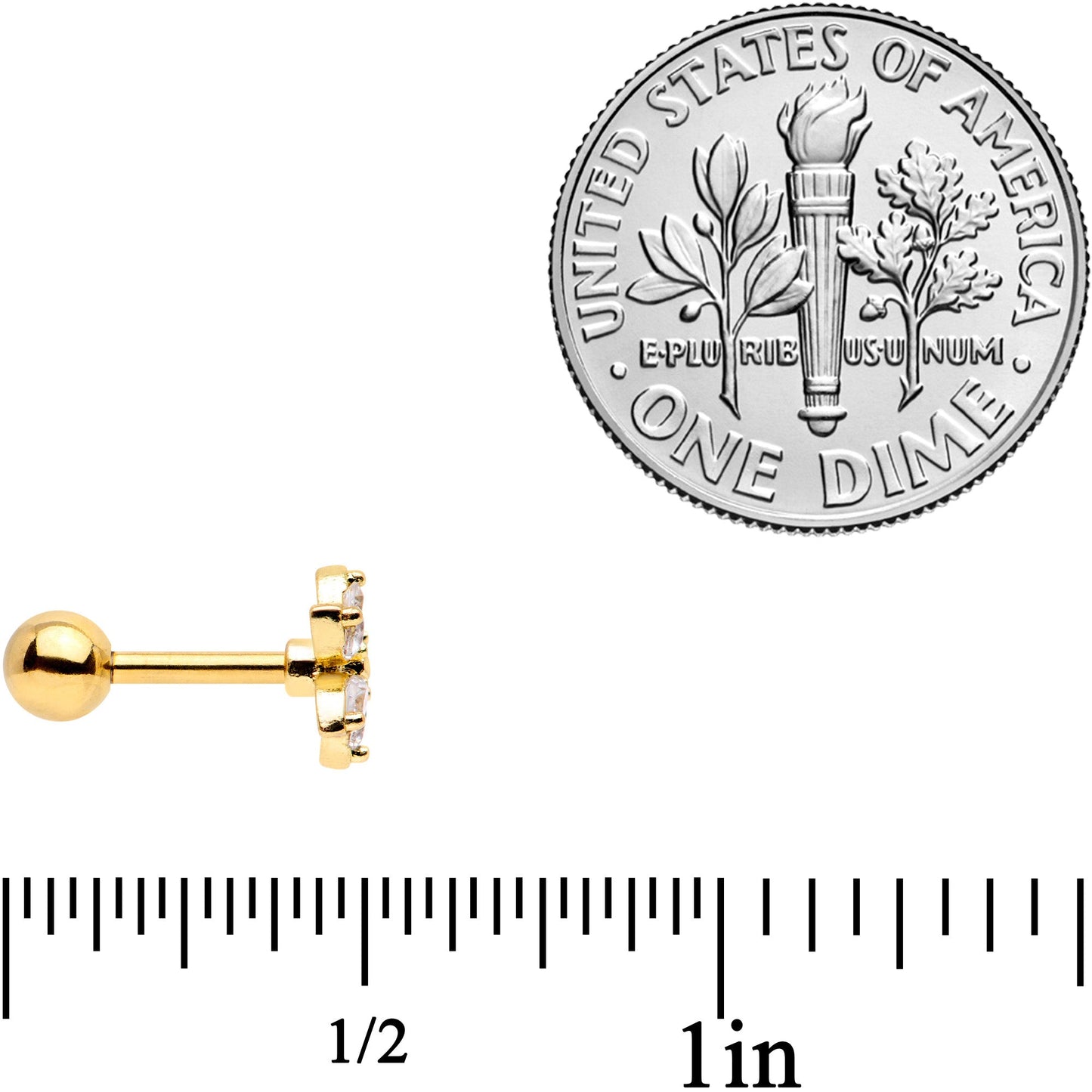 16 Gauge 1/4 Clear CZ Gem Gold Tone Moon Cartilage Tragus Set of 3