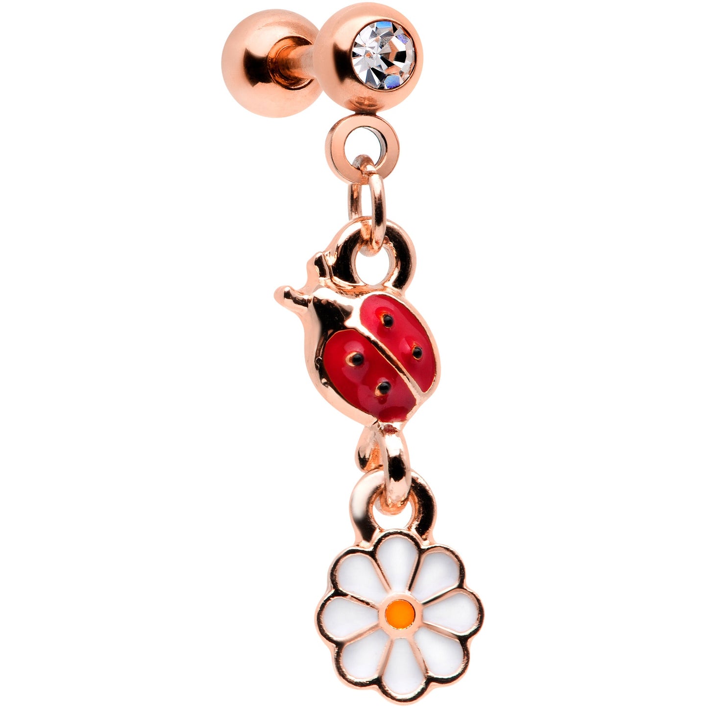 16 Gauge 1/4 Clear Gem Rose Gold Tone Ladybug Dangle Cartilage Tragus