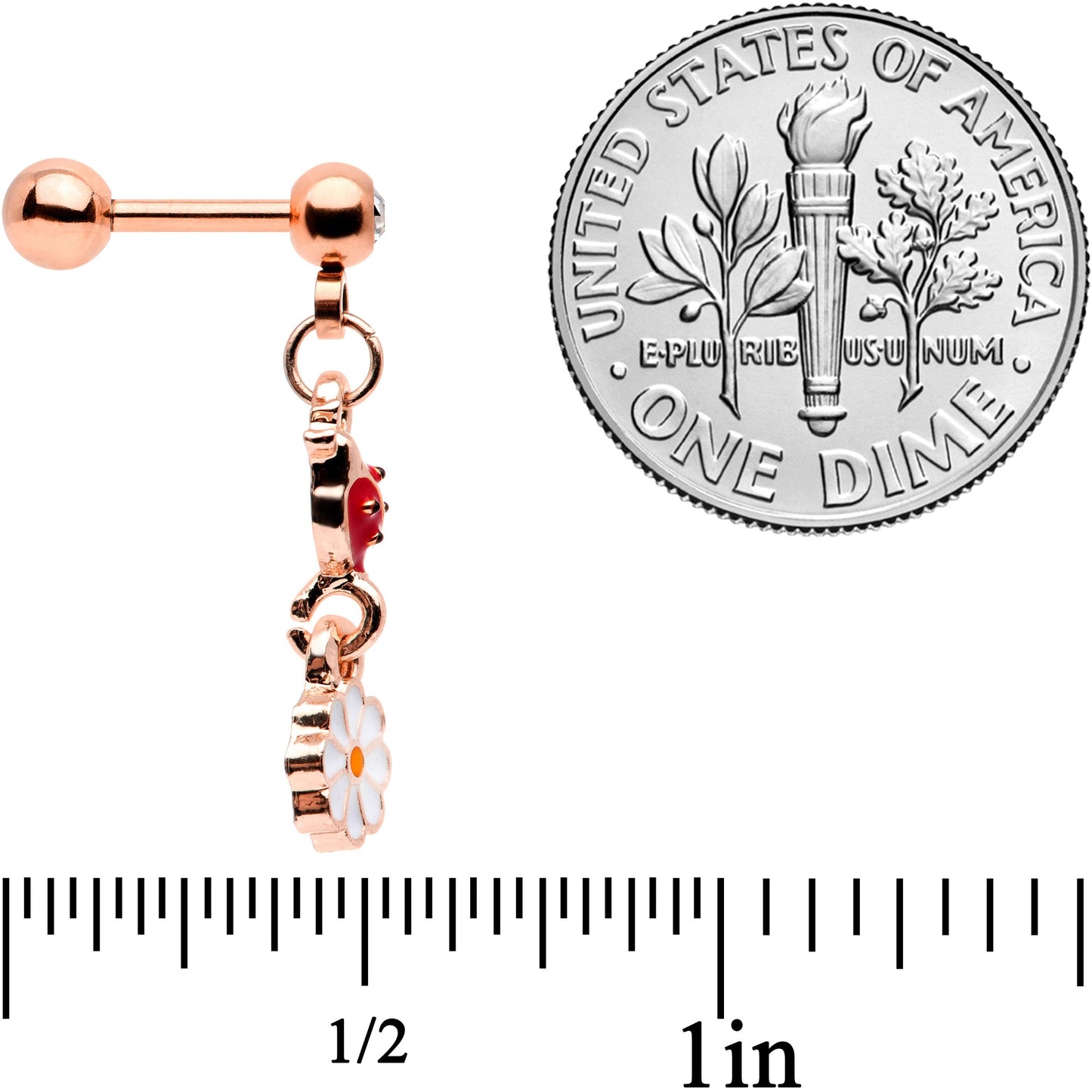 16 Gauge 1/4 Clear Gem Rose Gold Tone Ladybug Dangle Cartilage Tragus