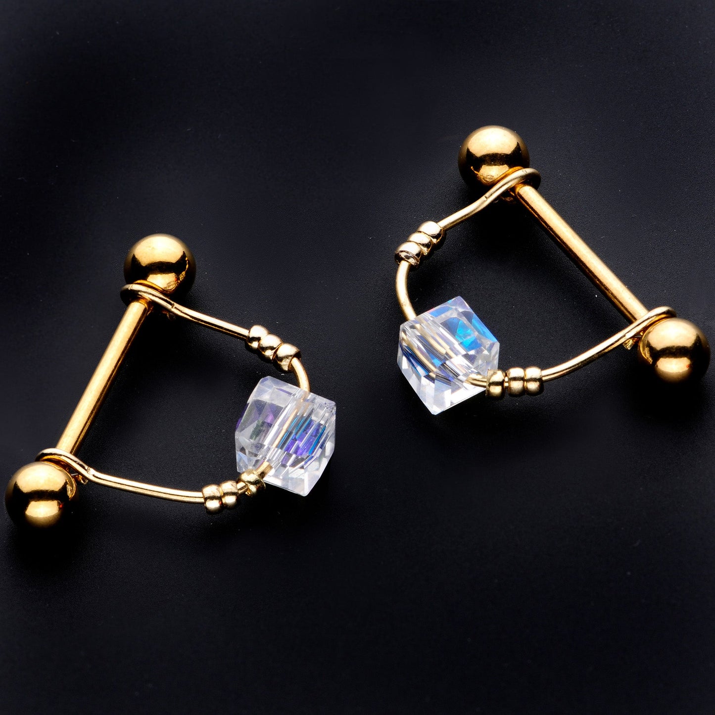14 Gauge 5/8 Clear Gem Gold Tone Cube Dangle Nipple Ring Set