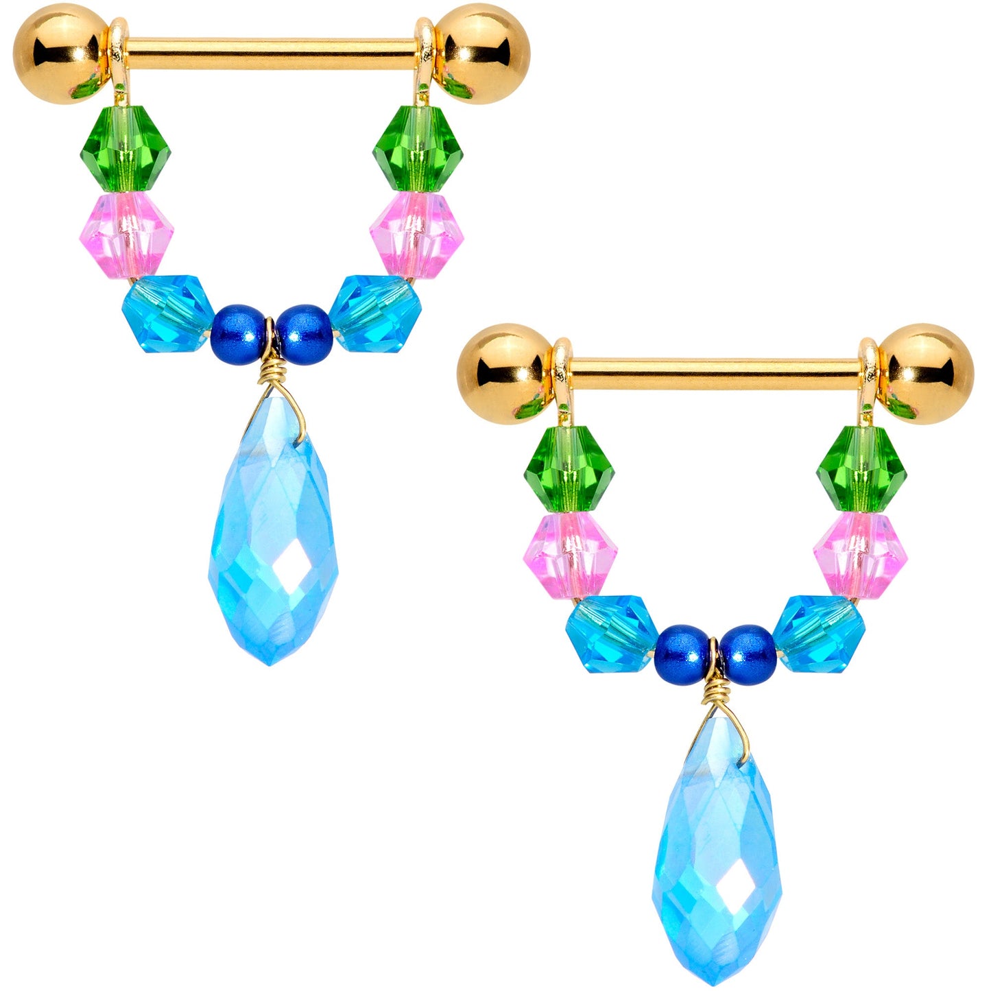 14 Gauge 5/8 Blue Pink Green Gem Gold Tone Drop Nipple Ring Set